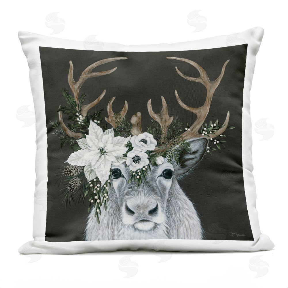 Hollihocks Art Winter Deer with Floral Crown Outdoor Square Printed Throw Pillow