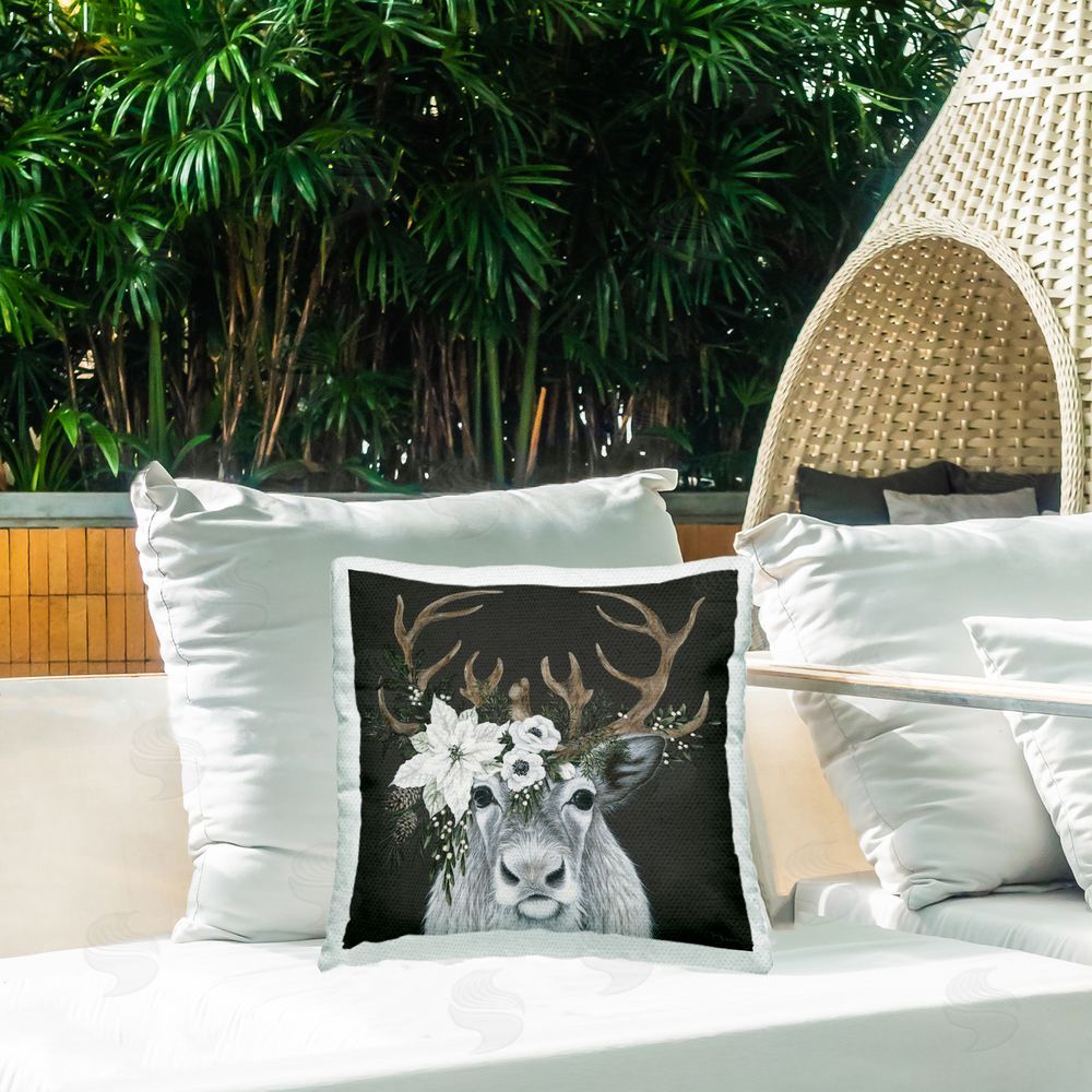 Hollihocks Art Winter Deer with Floral Crown Outdoor Square Printed Throw Pillow on Seat