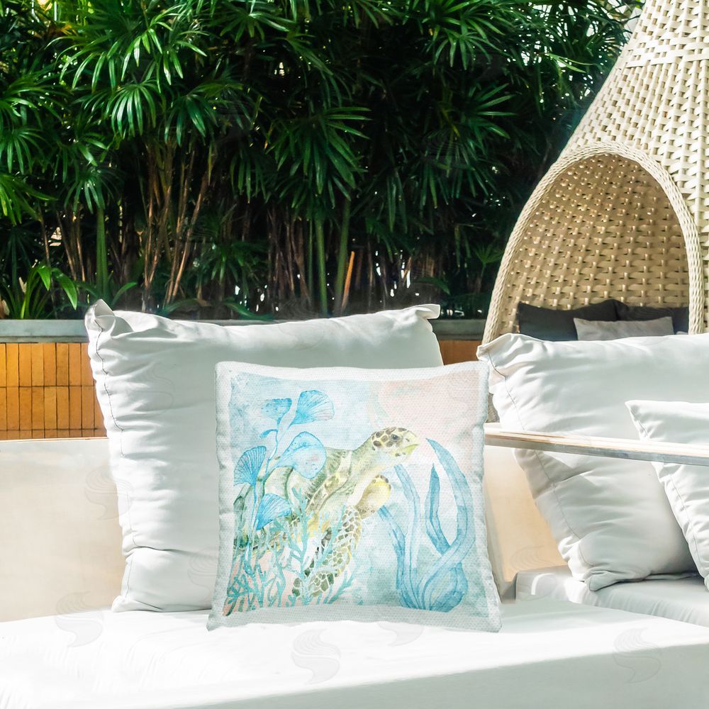 Kim Allen Sea Swim Turtle Outdoor Quick-Dry Polyester Printed Square Pillow on Patio