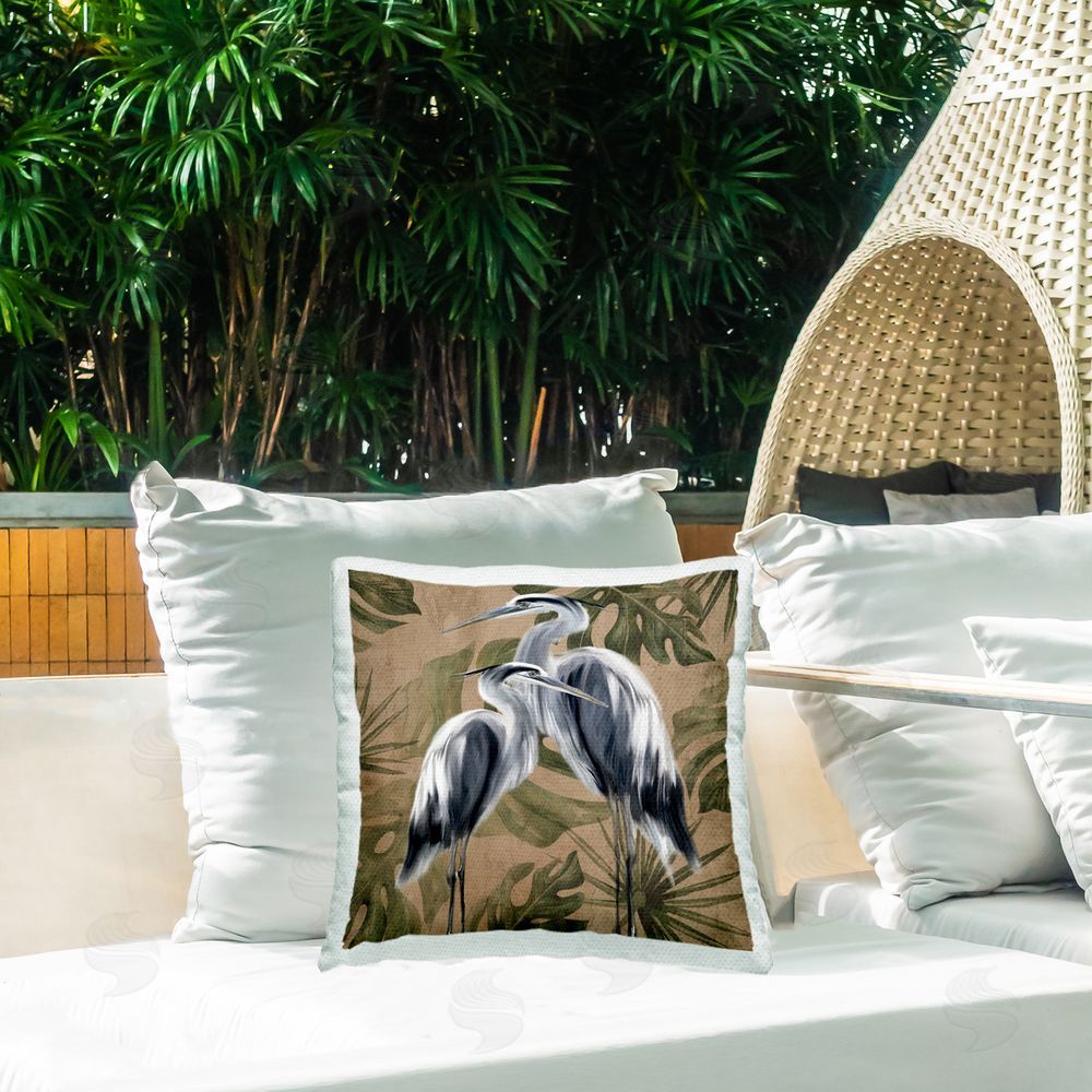 Kim Allen Two Herons over Tropical Leaves Outdoor Quick-Dry Polyester Printed Square Pillow on Patio