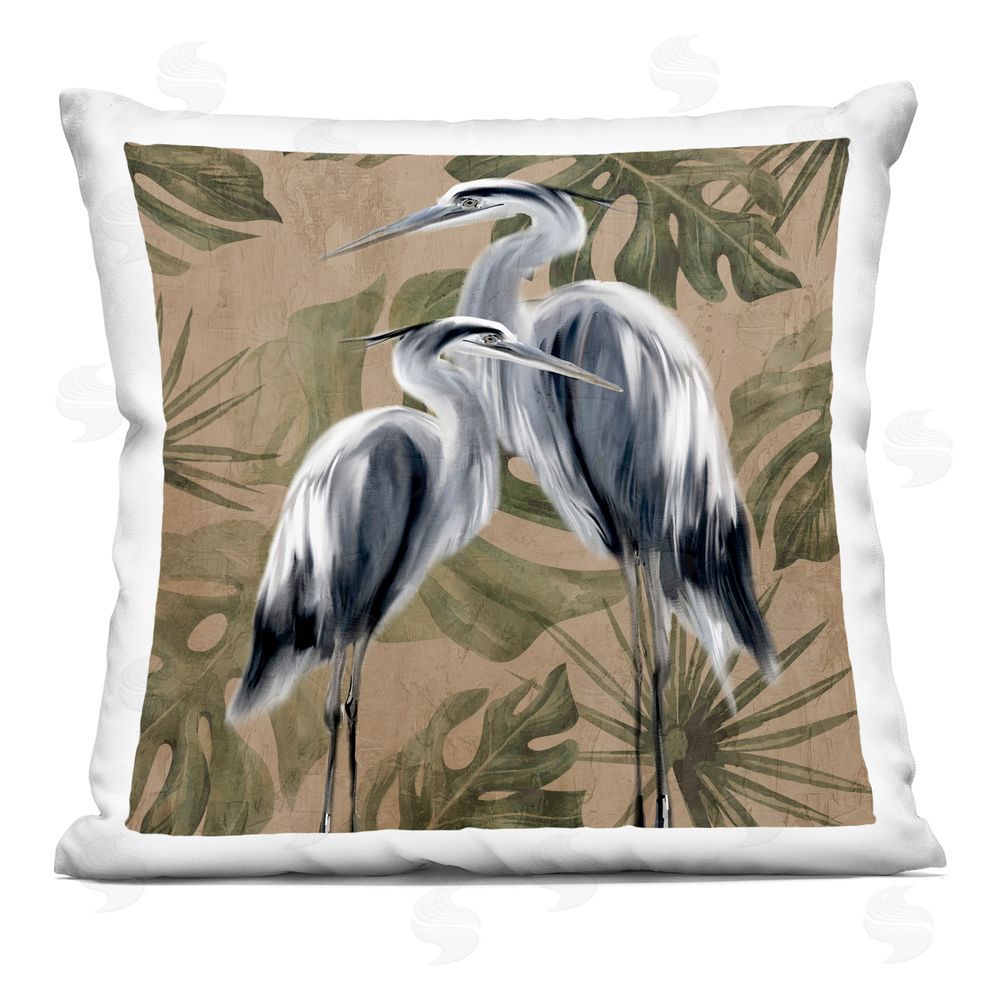 Kim Allen Two Herons over Tropical Leaves Indoor Plush Polyester Square Throw Pillow