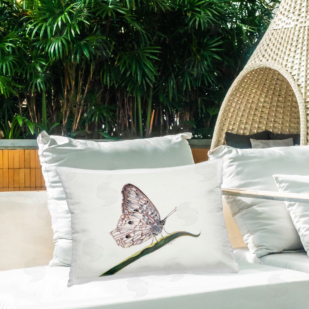 Cady Driver Intricate Butterfly on Twig Outdoor Printed Throw Pillow on Patio