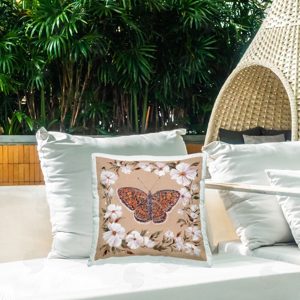 Cady Driver Vintage Butterfly with Blossom Border Outdoor Printed Throw Pillow on Patio