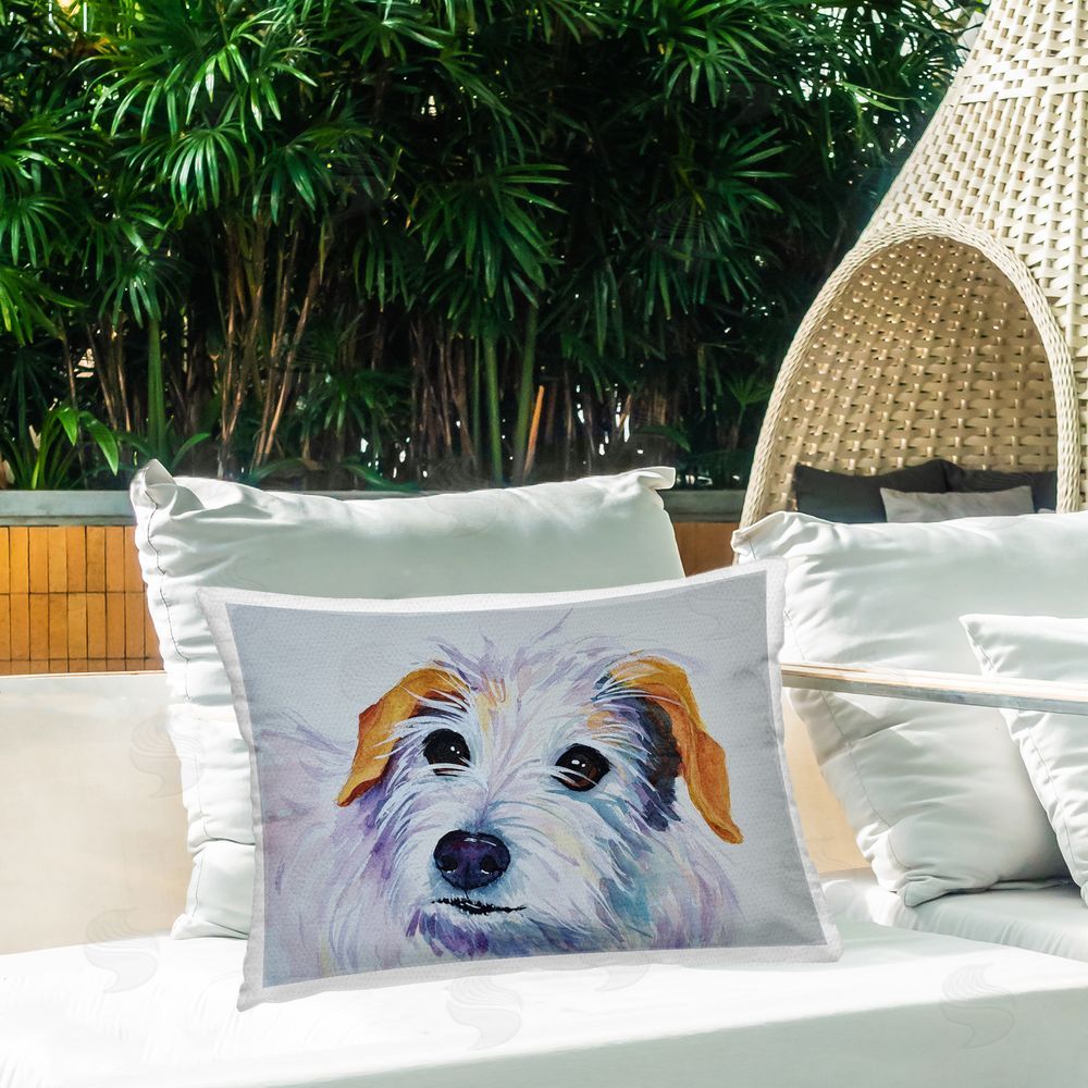 Tatiana Roberts White Terrier Dog Portrait Outdoor Printed Throw Pillow on Patio