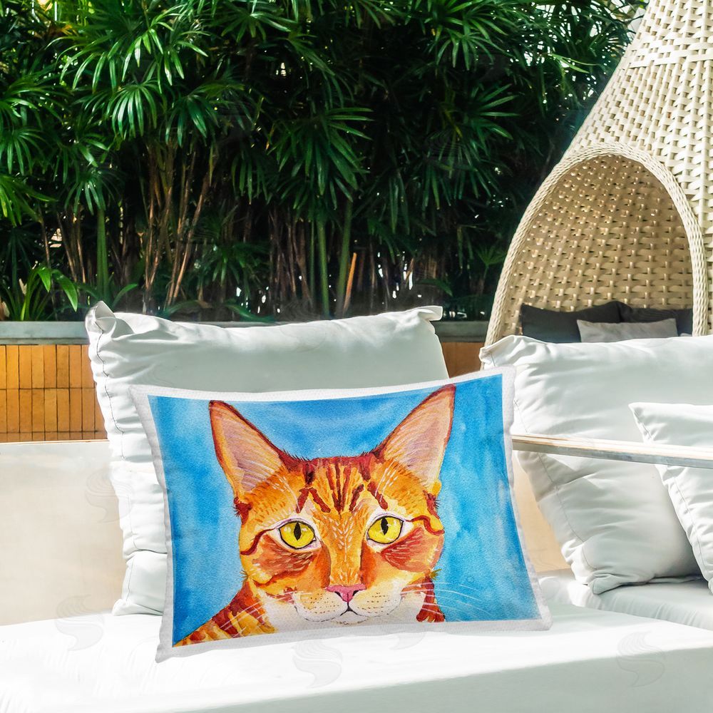 Tatiana Roberts Bold Orange Cat on Blue Outdoor Printed Throw Pillow on Patio