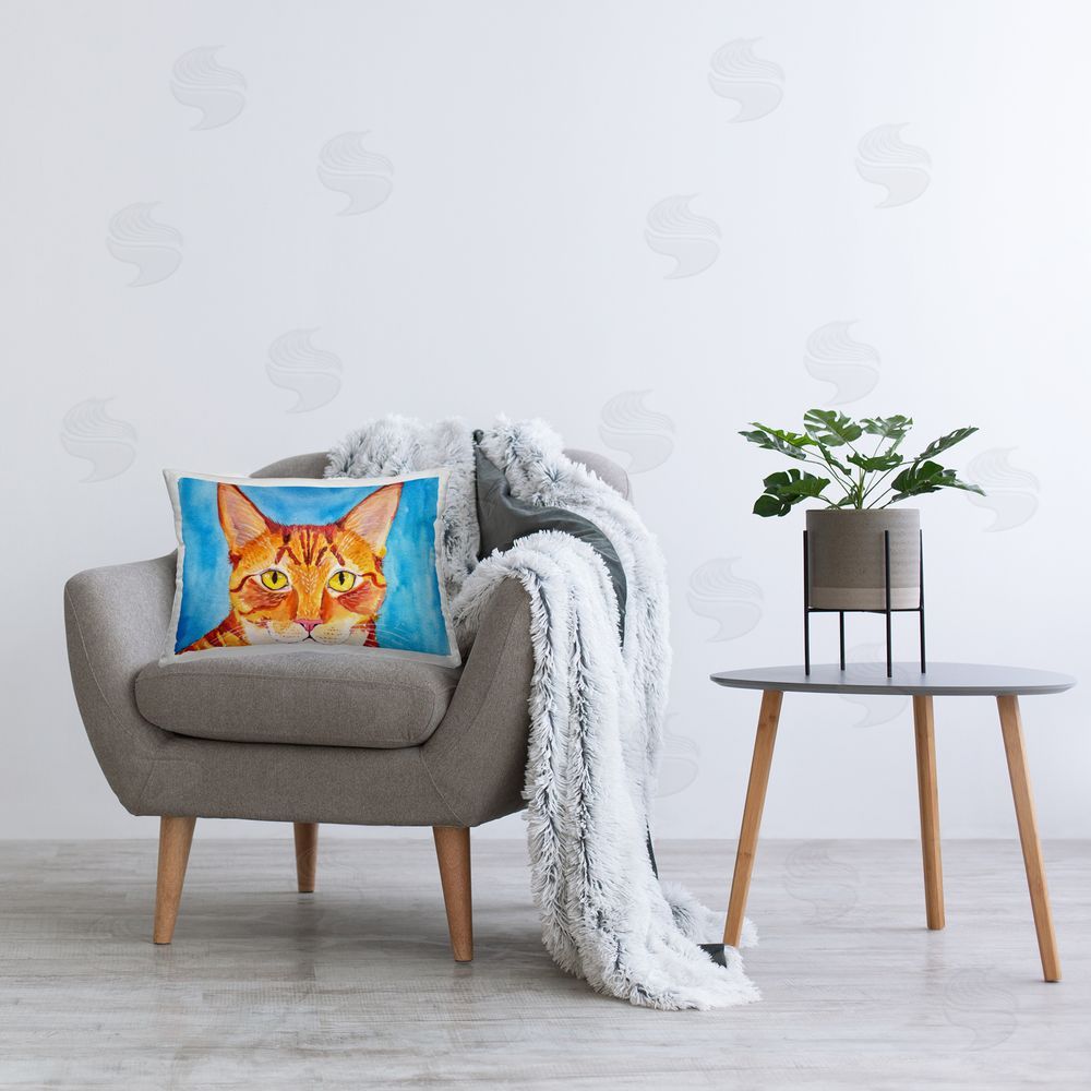 Tatiana Roberts Bold Orange Cat on Blue Printed Indoor Throw Pillow in Room