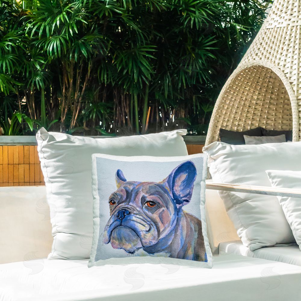 Tatiana Roberts Bulldog Puppy Portrait Outdoor Printed Throw Pillow on Patio