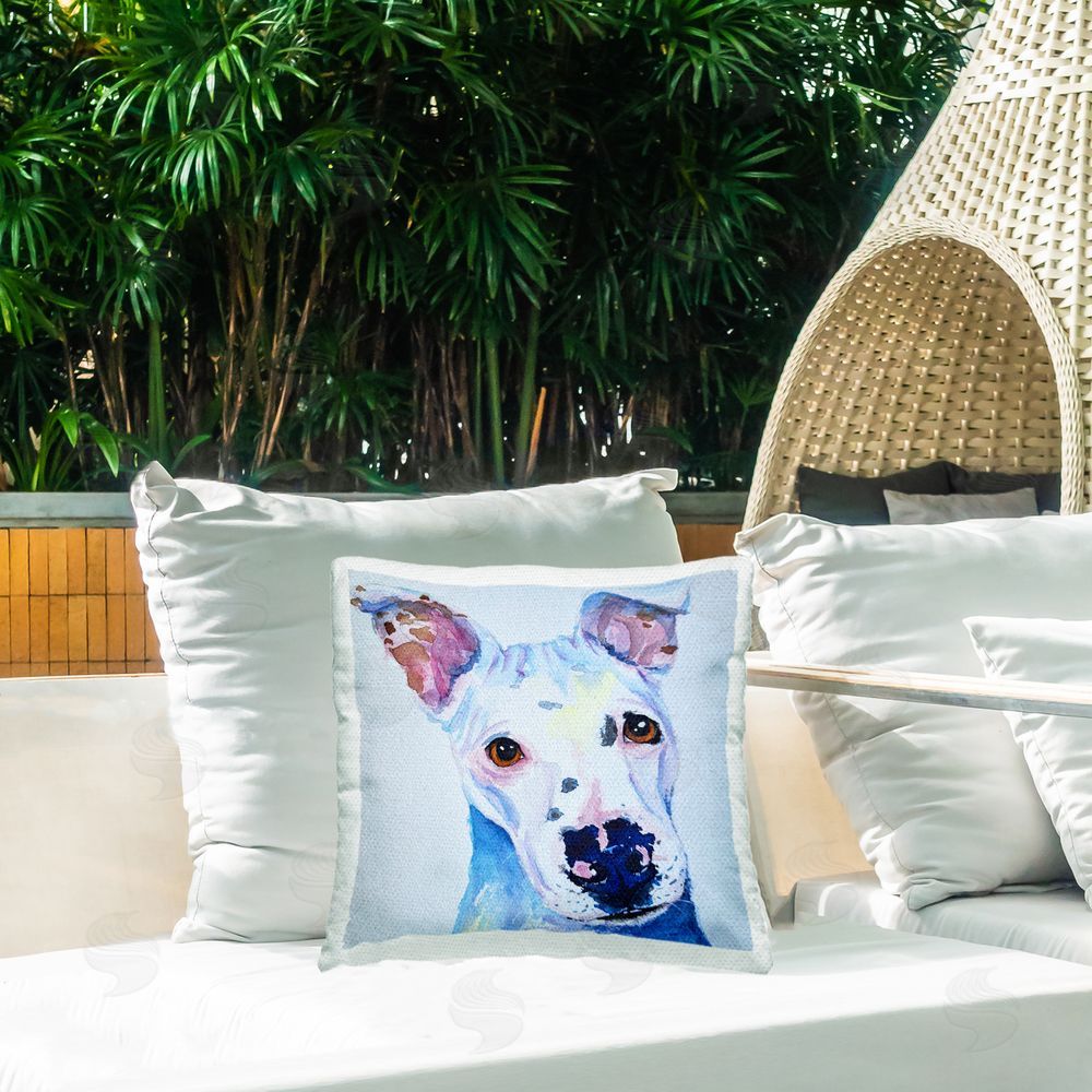 Tatiana Roberts White Dog Watercolor Outdoor Printed Throw Pillow on Patio