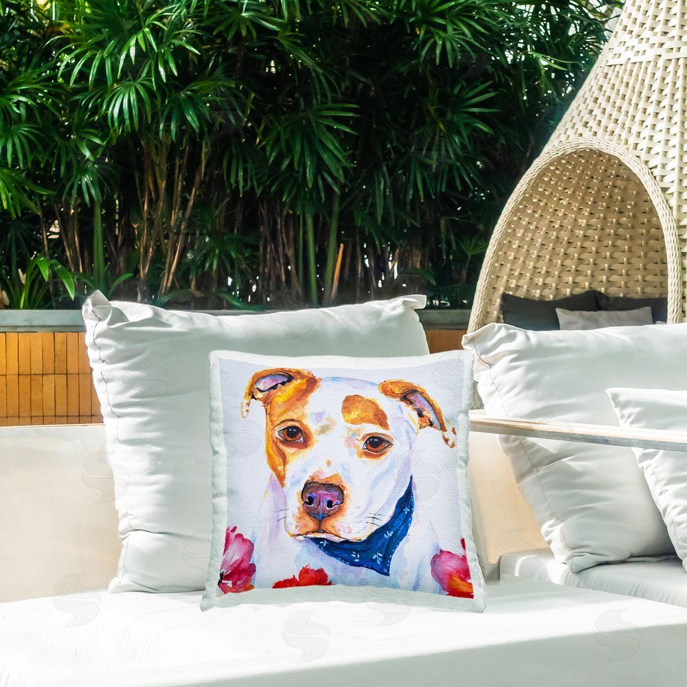 Tatiana Roberts Spotted Dog Portrait Outdoor Printed Throw Pillow on Patio