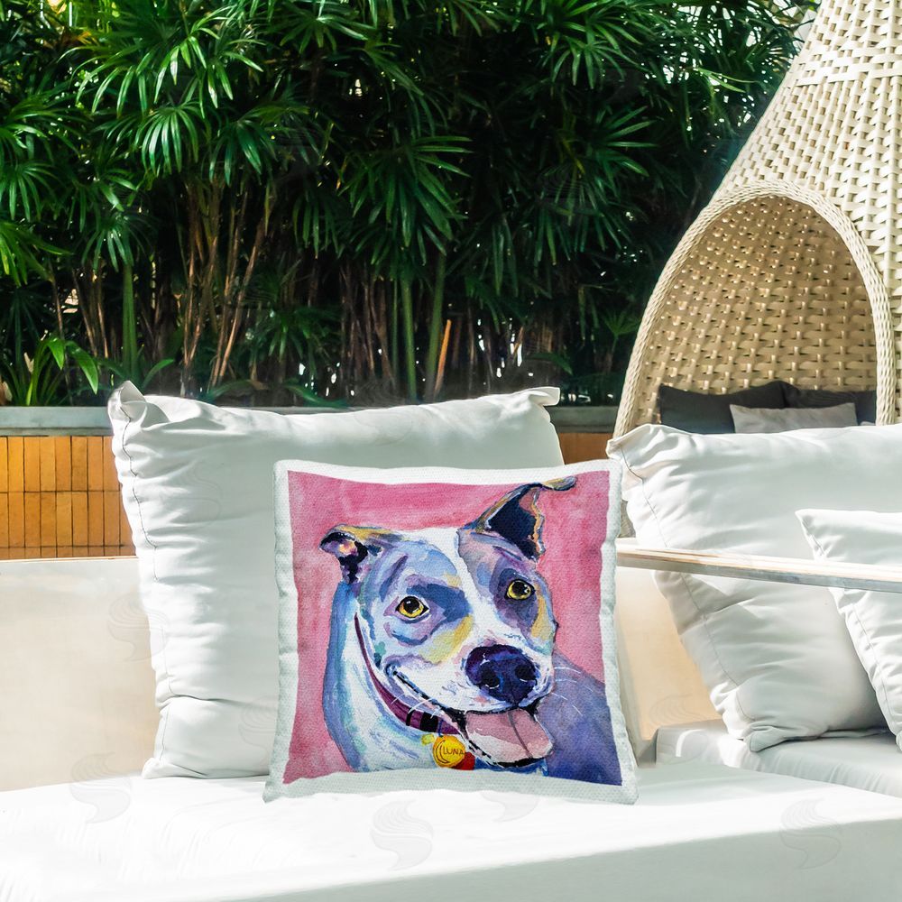 Tatiana Roberts Happy Dog on Pink Outdoor Printed Throw Pillow on Patio