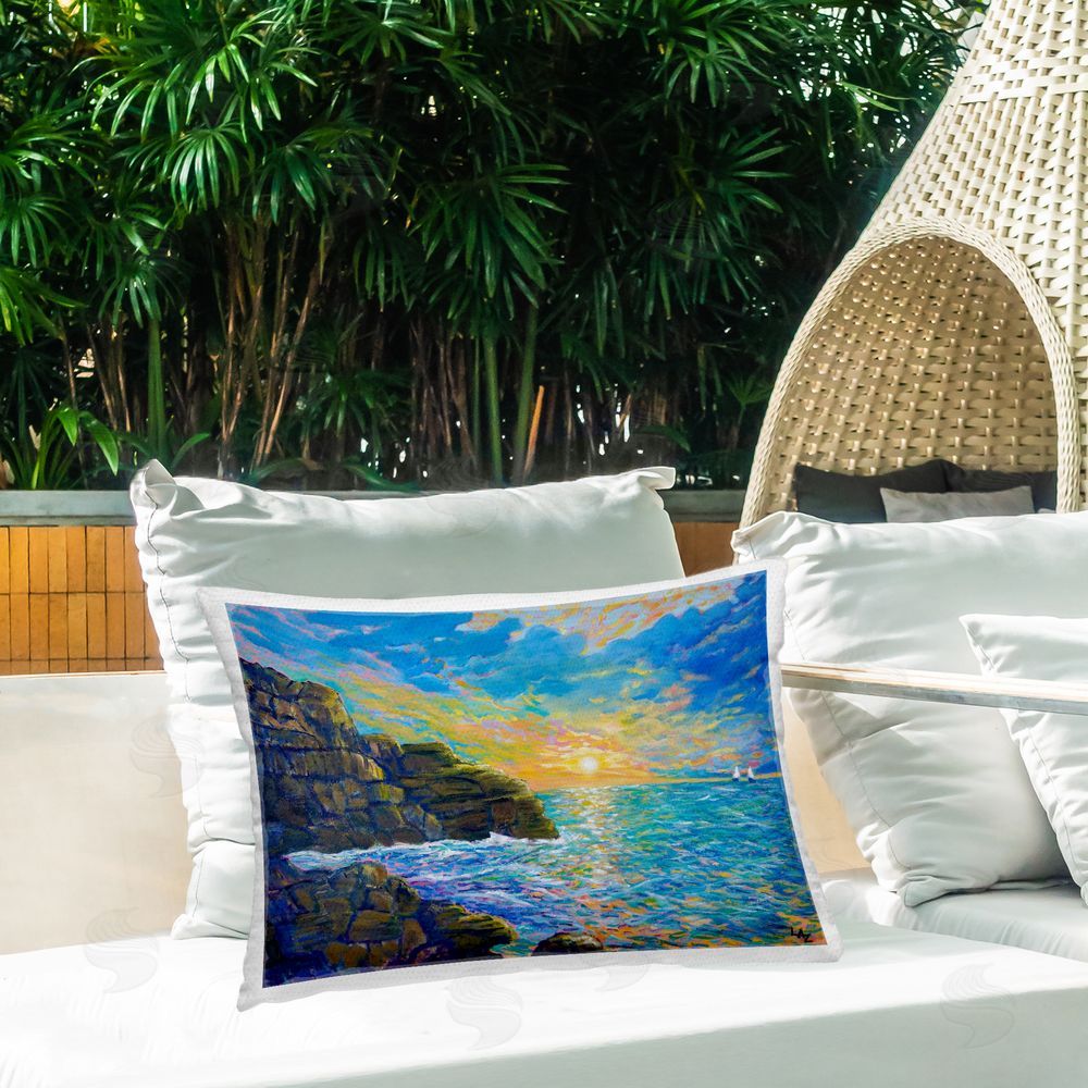 Lee Ann Zirbes Reflections Of The Sea Outdoor Printed Throw Pillow on Patio