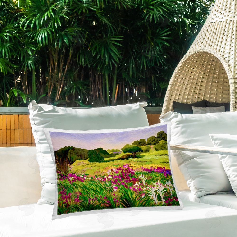 Lee Ann Zirbes Promised Vibrant Scenery Outdoor Printed Throw Pillow on Patio