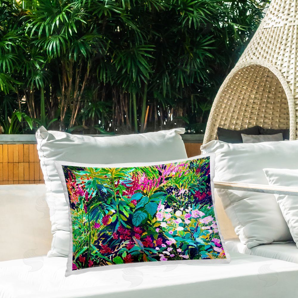 Lee Ann Zirbes Lush & Vibrant Tropical Leaves Outdoor Printed Throw Pillow on Patio