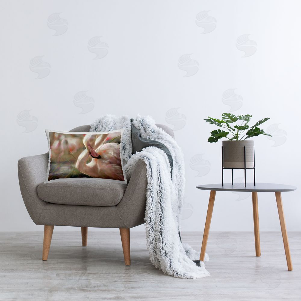 Mary Sparrow Preening Flamingo Sunset Rectugular Printed Throw Pillow on Chair