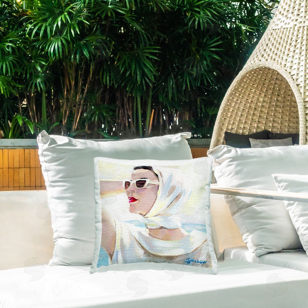 Mary Sparrow Timeless Stylish White Sunglasses Square Printed Throw Pillow on Patio
