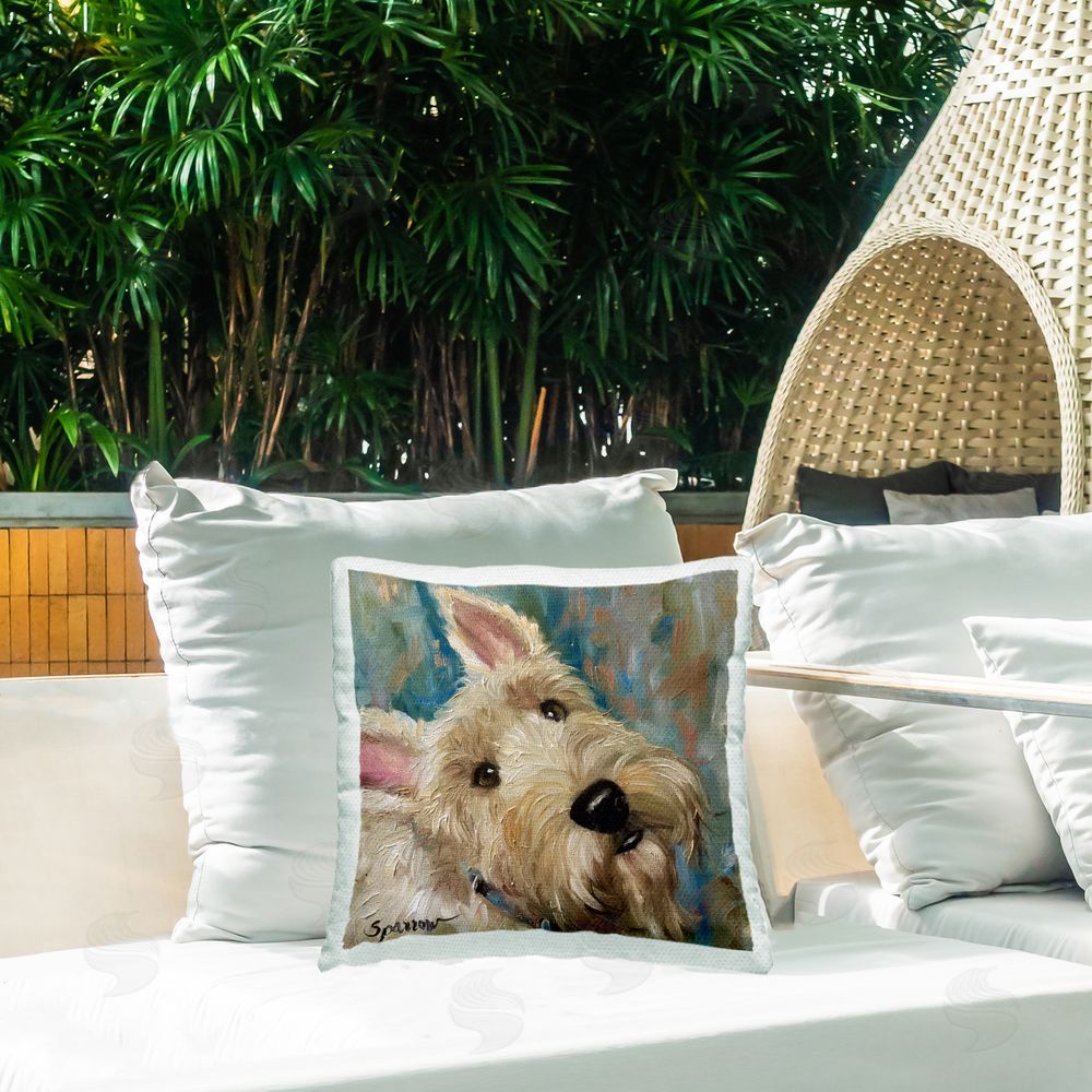 Mary Sparrow Good As Gold Terrier Square Printed Throw Pillow on Patio