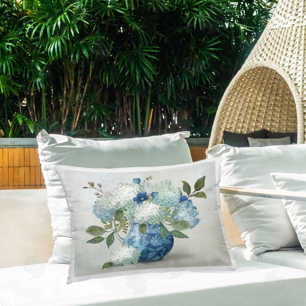 Nan Ornate Vase with Hydrangeas Outdoor Quick-Dry Polyester Printed Lumbar Pillow on Patio