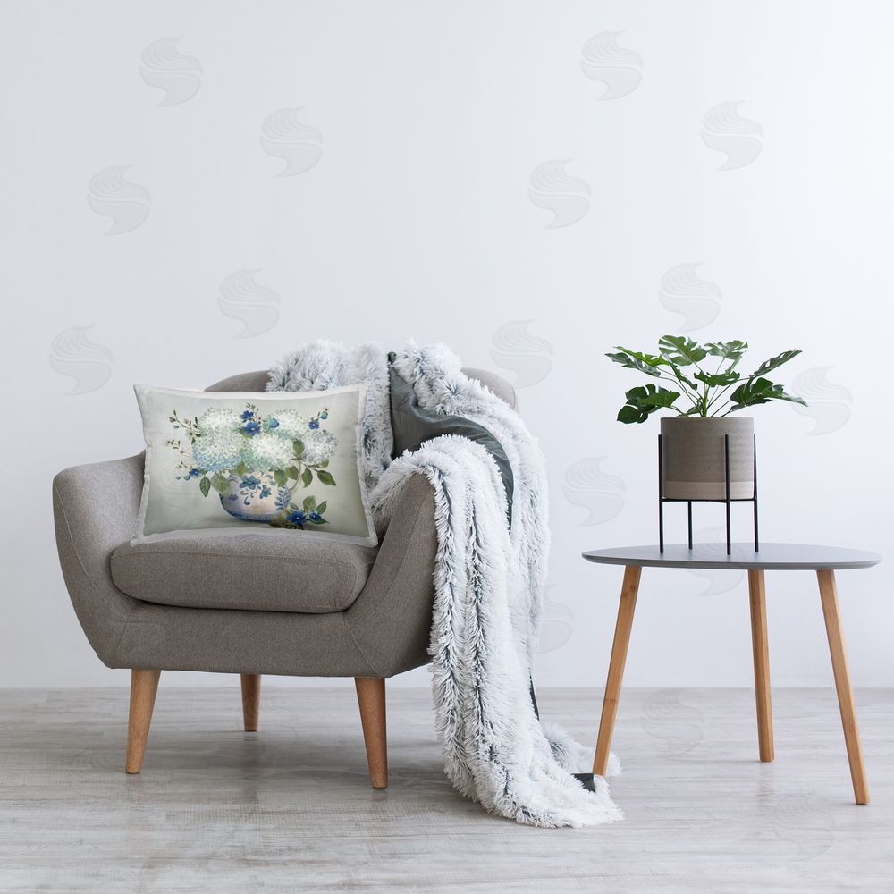 Nan Ivory & Blue Hydrangea Vase Plush Polyester Printed Lumbar Pillow on Chair