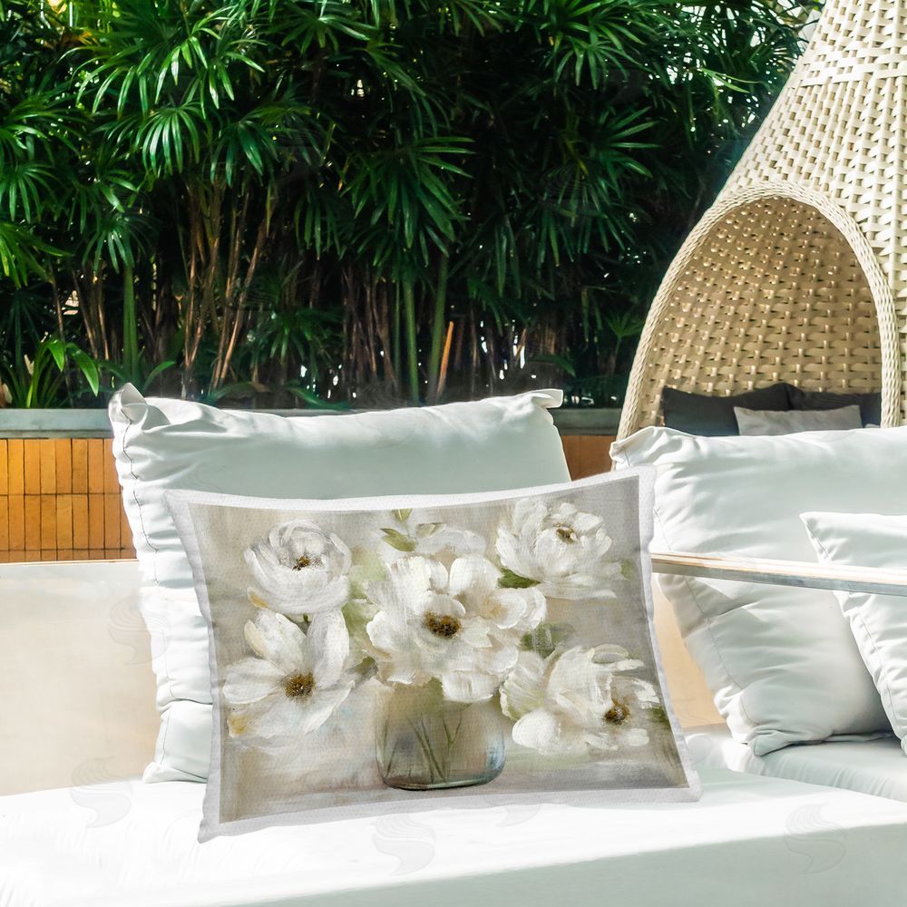 Nan Gentle White Petals in Vase Outdoor Quick-Dry Polyester Printed Lumbar Pillow on Patio