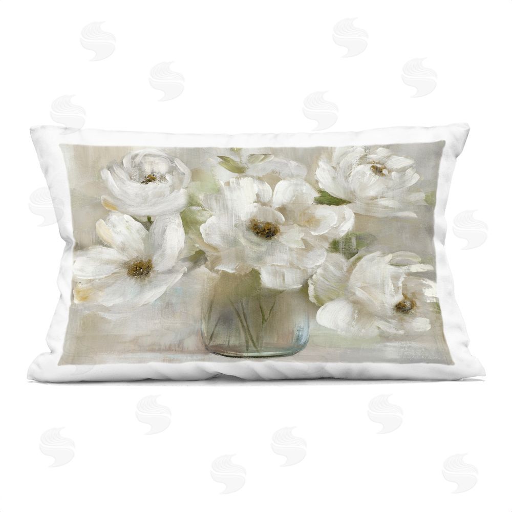 Nan Gentle White Petals in Vase Indoor Plush Polyester Lumbar Pillow