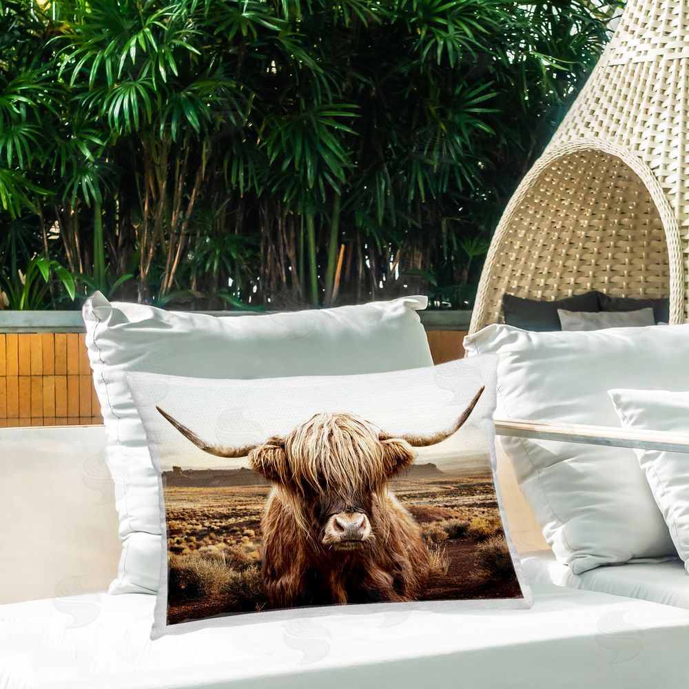CAD Designs Rugged Vegetation Cattle Portrait Outdoor Quick-Dry Polyester Printed Lumbar Pillow on Patio