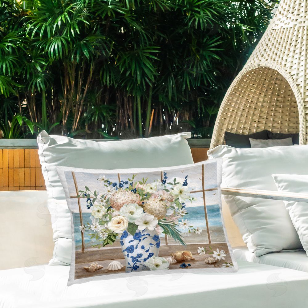 Nan Seashells & Flowers Windowsill Outdoor Quick-Dry Polyester Printed Lumbar Pillow on Patio