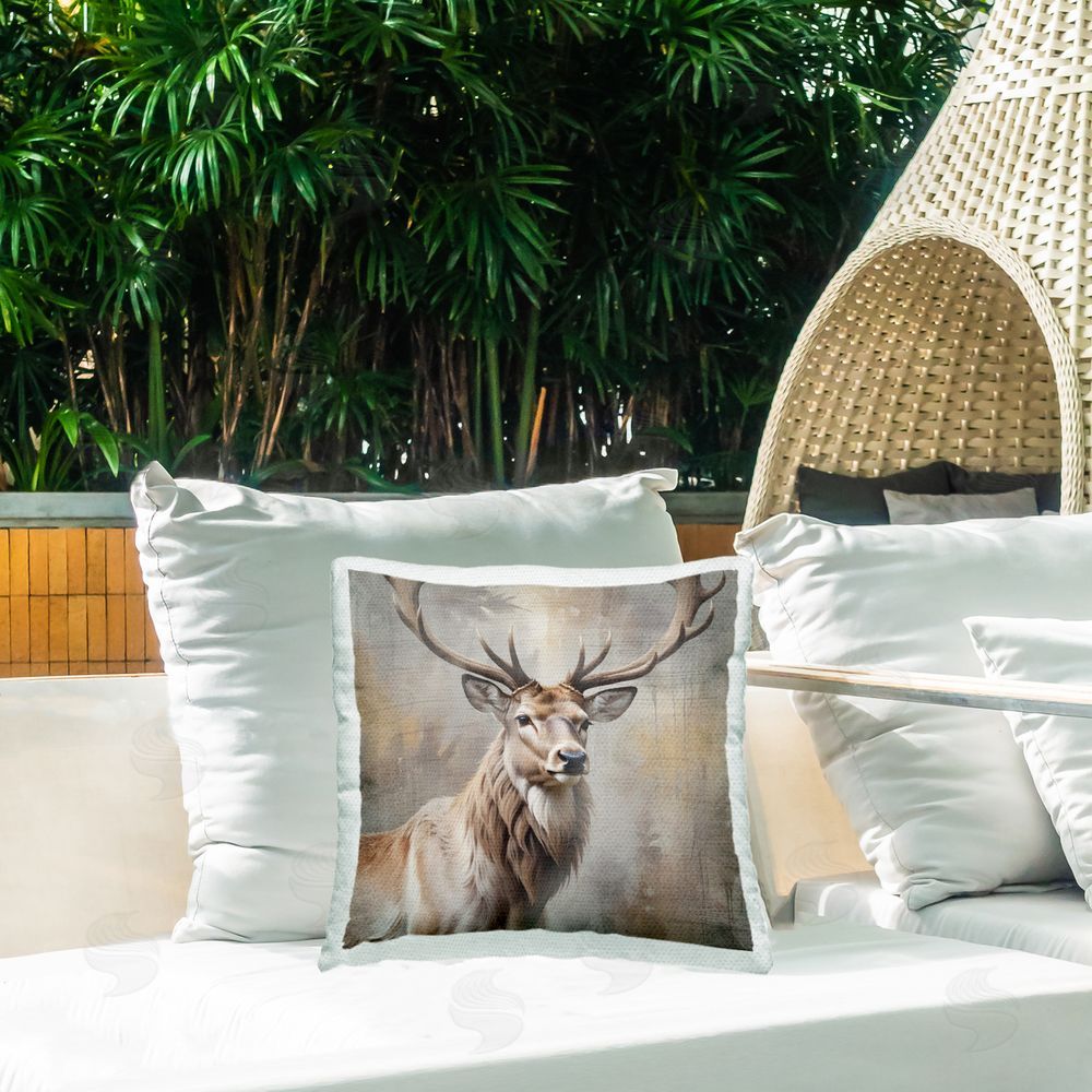 Susan Arnot Rustic Stag with Majestic Glance Outdoor Quick-Dry Polyester Printed Square Pillow on Patio