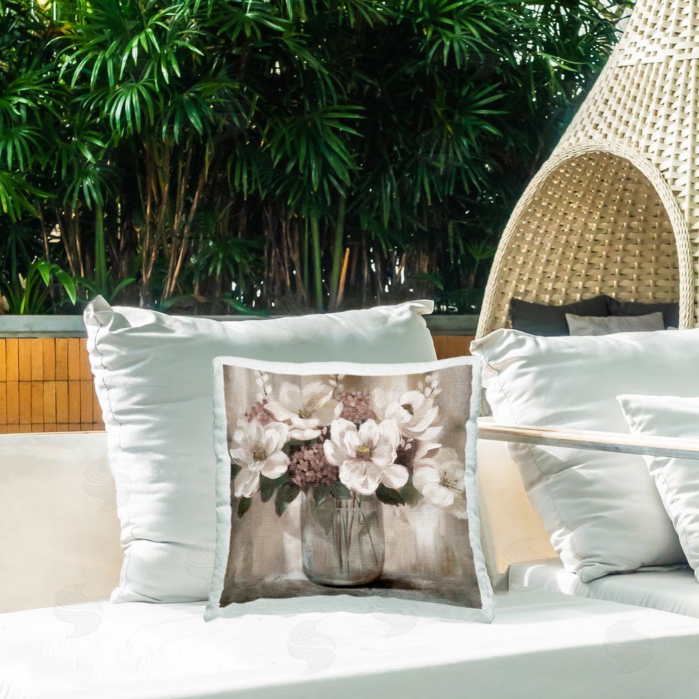 Nan Ivory Magnolias Vase Outdoor Quick-Dry Polyester Printed Square Pillow on Patio