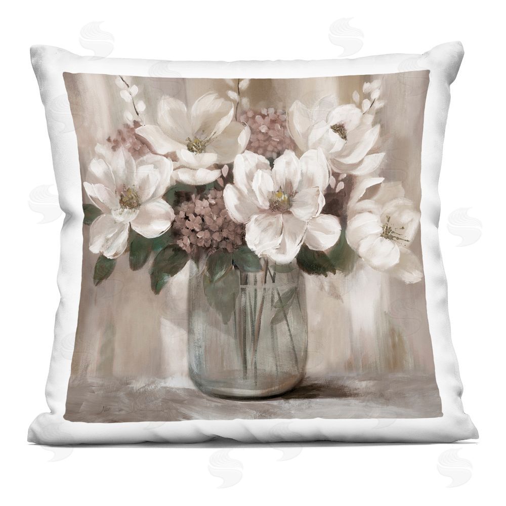 Nan Ivory Magnolias Vase Indoor Plush Polyester Square Throw Pillow