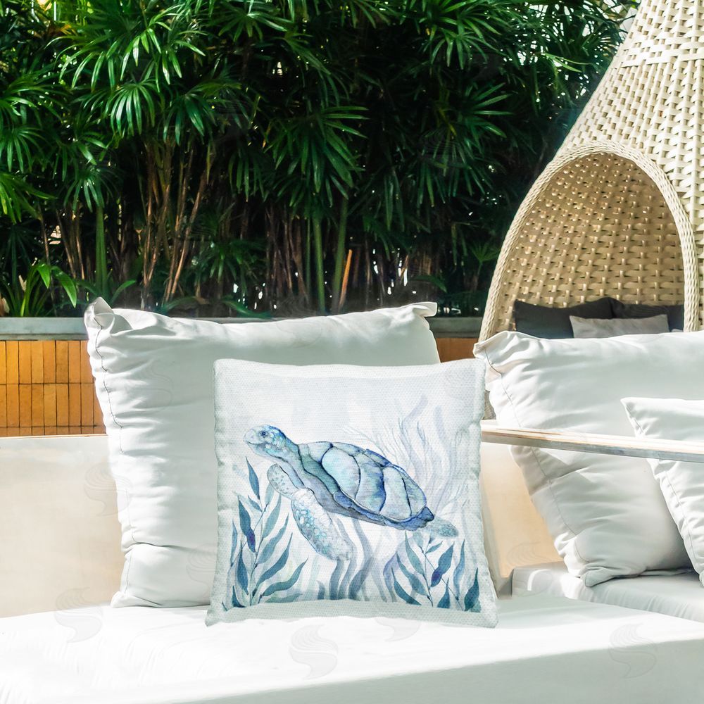 Janet Tava Sea Turtle with Subtle Smile Outdoor Quick-Dry Polyester Printed Square Pillow on Patio