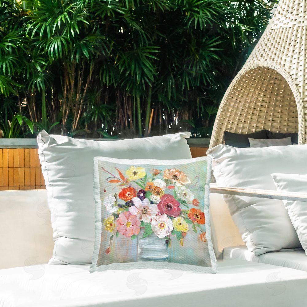 Sally Swatland Energetic Blossom Bouquet Outdoor Quick-Dry Polyester Printed Square Pillow on Patio