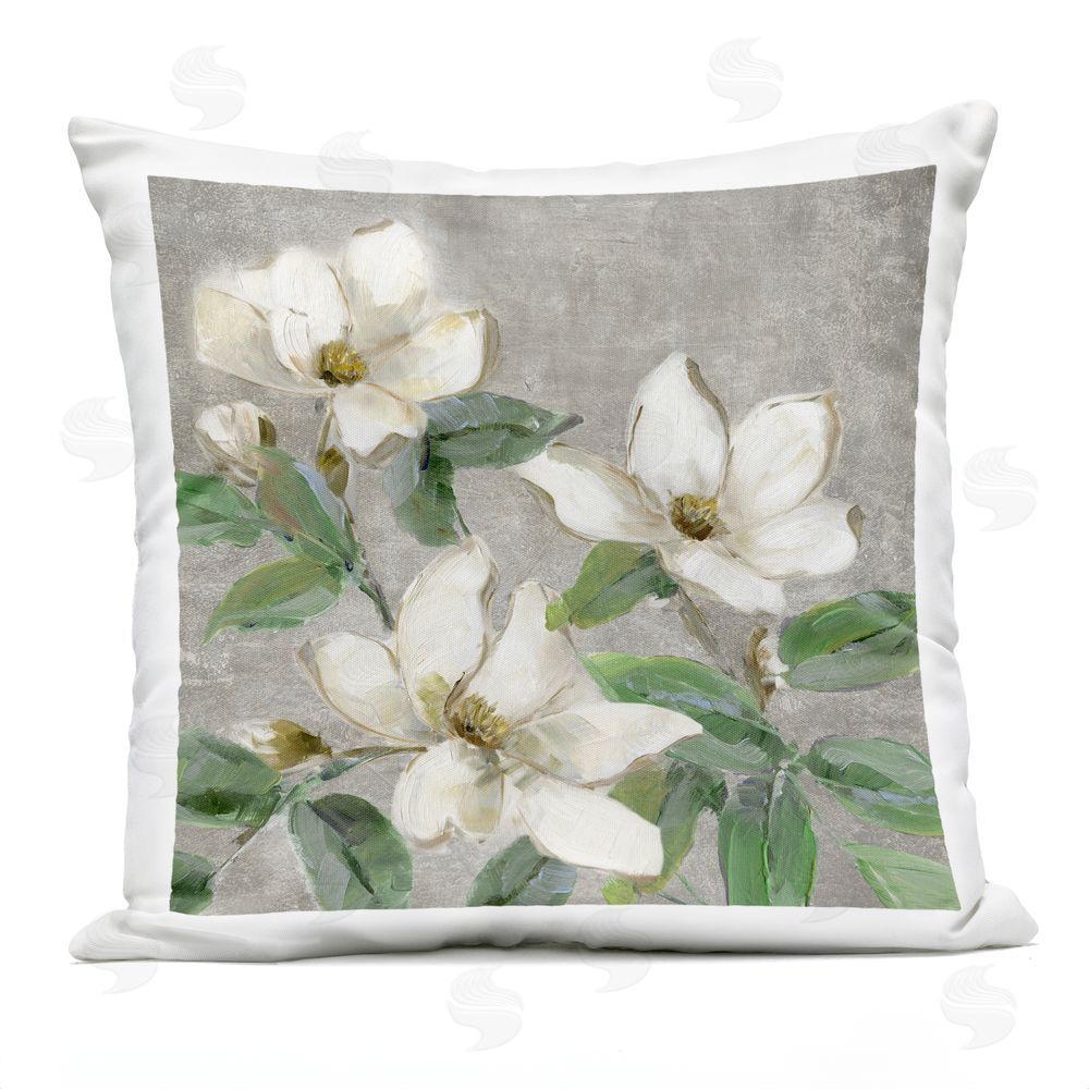 Sally Swatland Ivory Magnolias on Grey Outdoor Quick-Dry Polyester Square Throw Pillow
