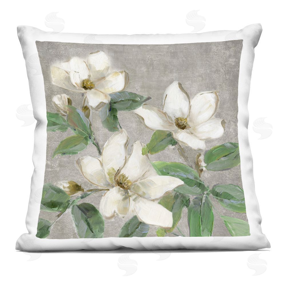 Sally Swatland Ivory Magnolias on Grey Indoor Plush Polyester Square Throw Pillow