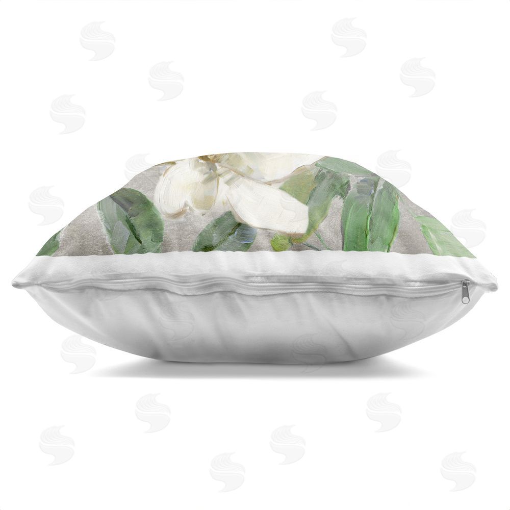 Sally Swatland Ivory Magnolias on Grey Indoor Plush Polyester Square Throw Pillow Zipper Detail