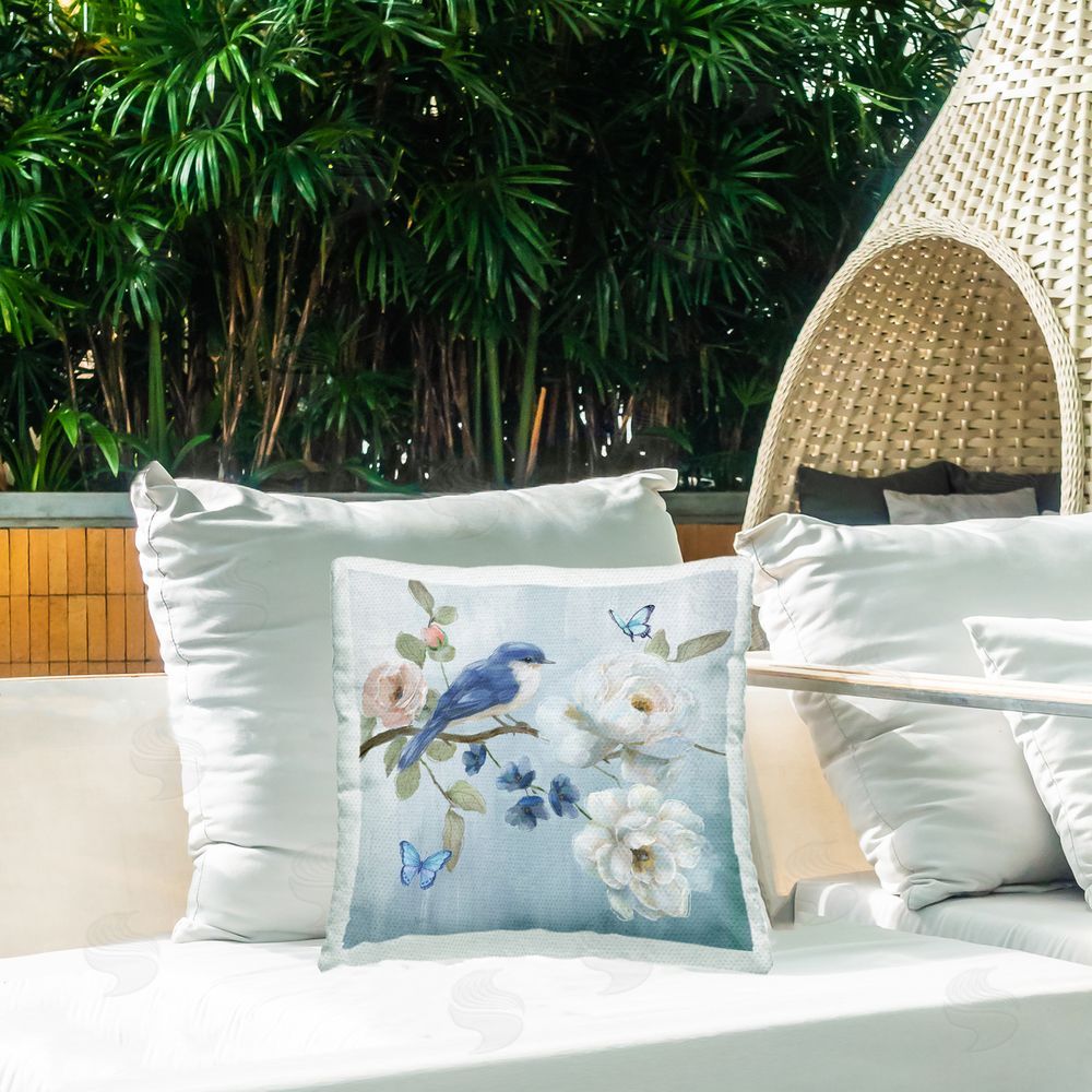 Nan Blue Bird Tranquility Outdoor Quick-Dry Polyester Printed Square Pillow on Patio