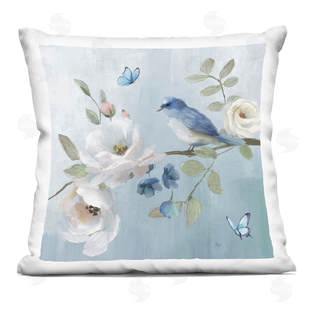 Nan Pastel Blue Bird Blooms Indoor Plush Polyester Square Throw Pillow