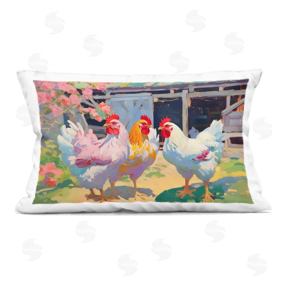 Creative Studio Colorful Chickens in Sunlit Yard Printed Lumbar Throw Pillow