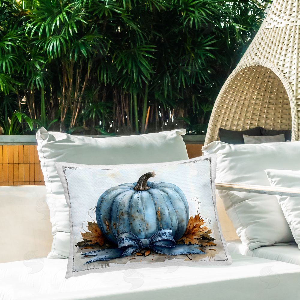 Creative Studio Blue Pumpkin with Bow Outdoor Rectugular Printed Throw Pillow on Patio