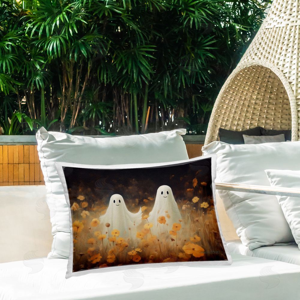 LSR Design Studio Ghosts in Poppy Field Outdoor Rectugular Printed Throw Pillow on Patio
