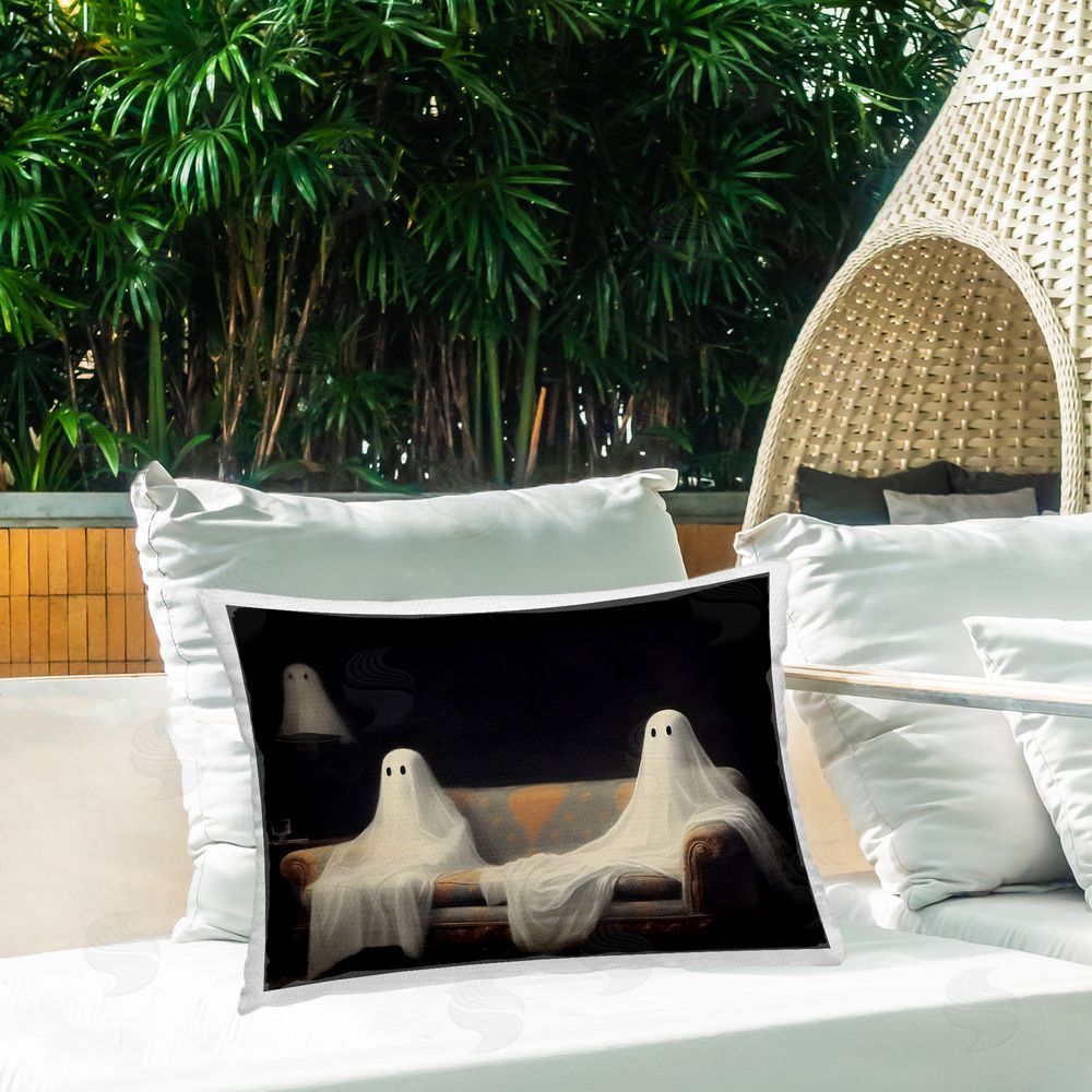 LSR Design Studio Spooky Couch Ghost Duo Outdoor Rectugular Printed Throw Pillow on Patio