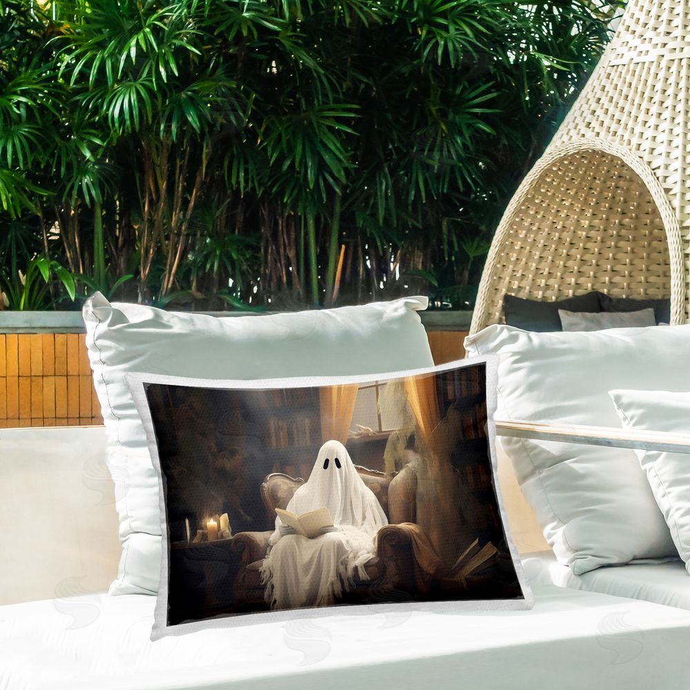 LSR Design Studio Atmospheric Reading Ghost Outdoor Rectugular Printed Throw Pillow on Patio