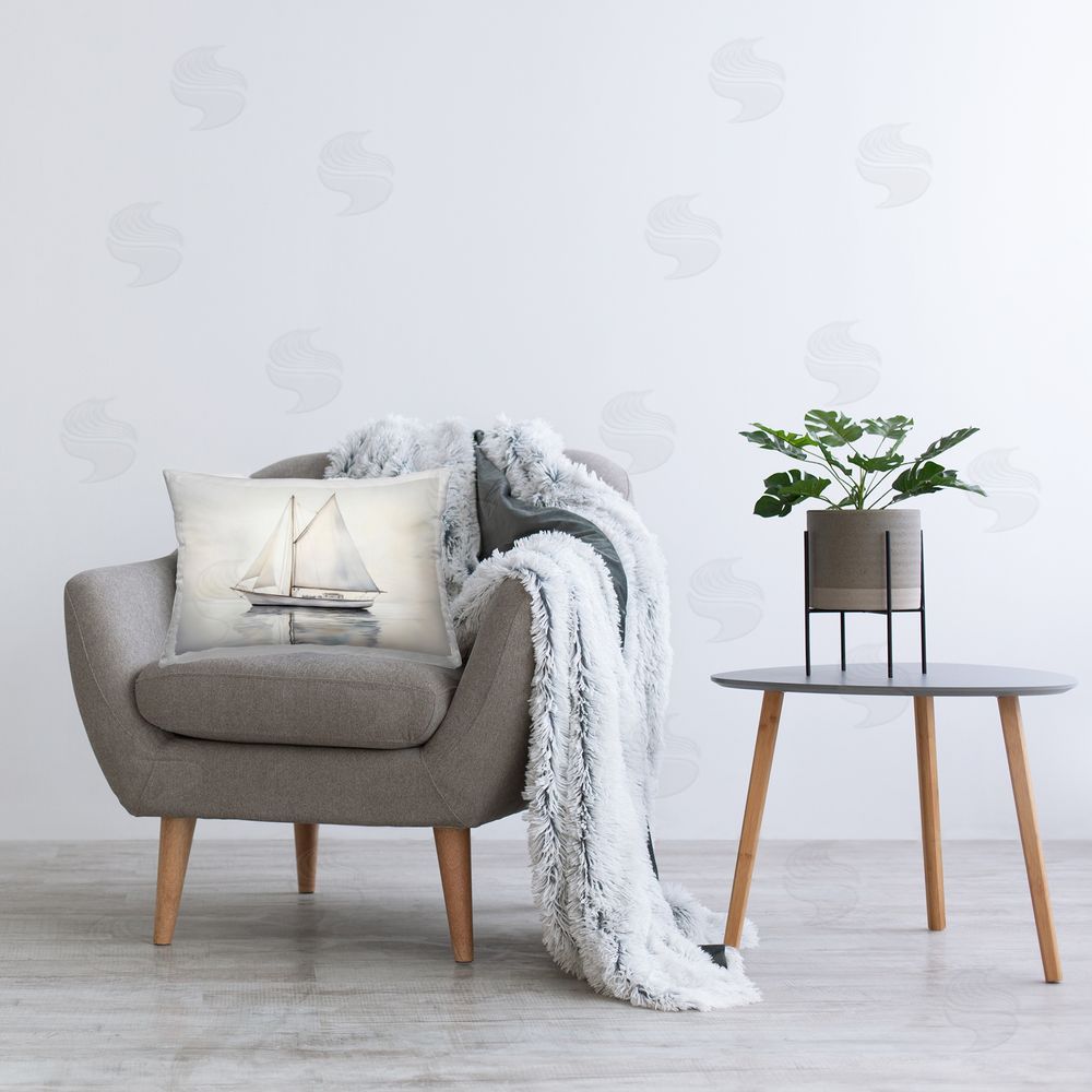 Petal Prints Design Neutral Sailboat Reflection Printed Lumbar Throw Pillow on Seat