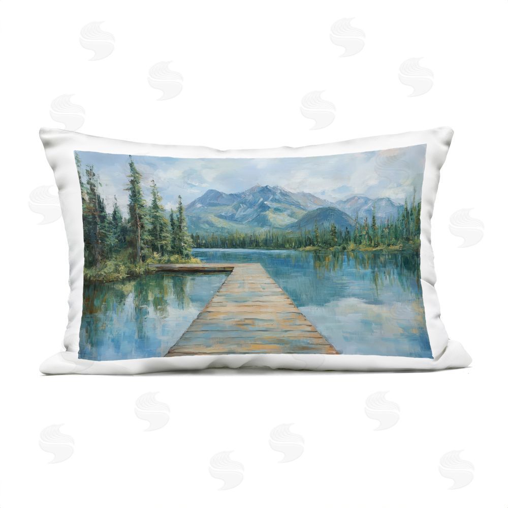 Petal Prints Design Peaceful Lake Dock in the Mountains Outdoor Printed Lumbar Throw Pillow