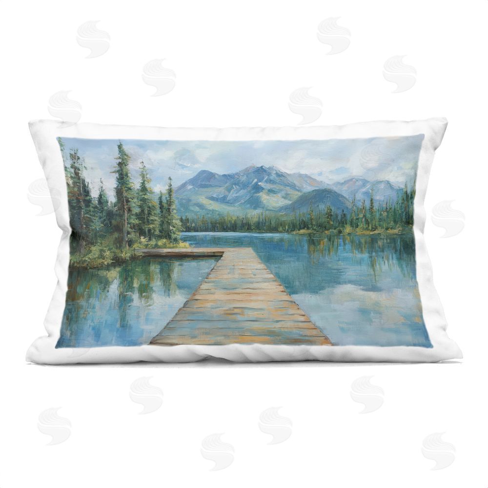 Petal Prints Design Peaceful Lake Dock in the Mountains Printed Lumbar Throw Pillow