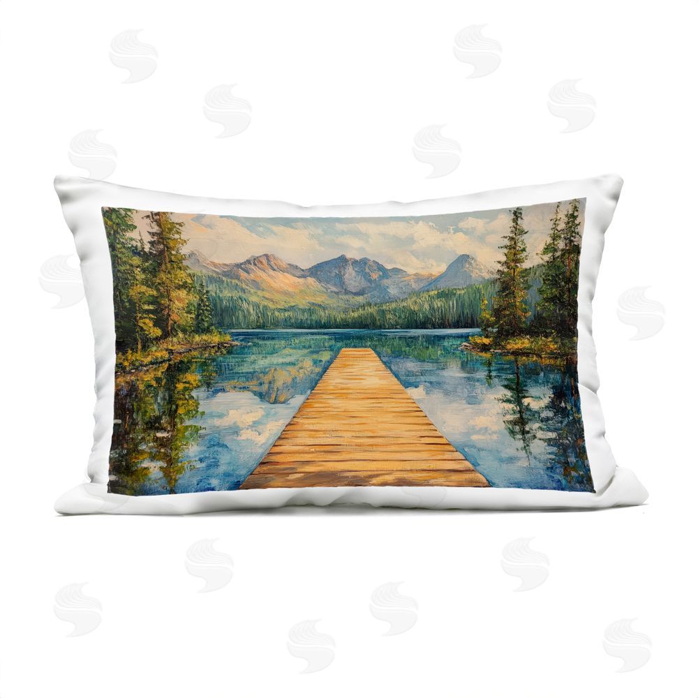 Petal Prints Design Dock In The Mountains Reflection Outdoor Printed Lumbar Throw Pillow