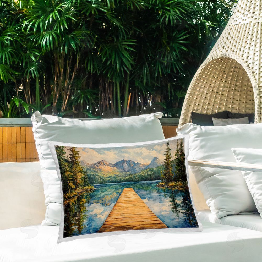 Petal Prints Design Dock In The Mountains Reflection Outdoor Printed Lumbar Throw Pillow on Seat