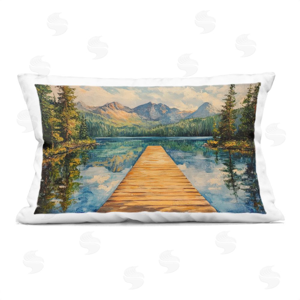 Petal Prints Design Dock In The Mountains Reflection Printed Lumbar Throw Pillow