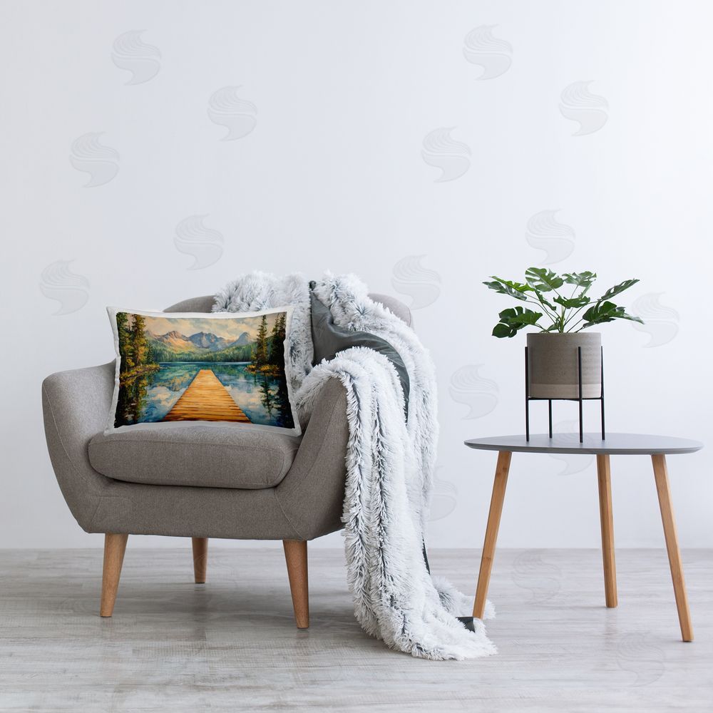 Petal Prints Design Dock In The Mountains Reflection Printed Lumbar Throw Pillow on Seat