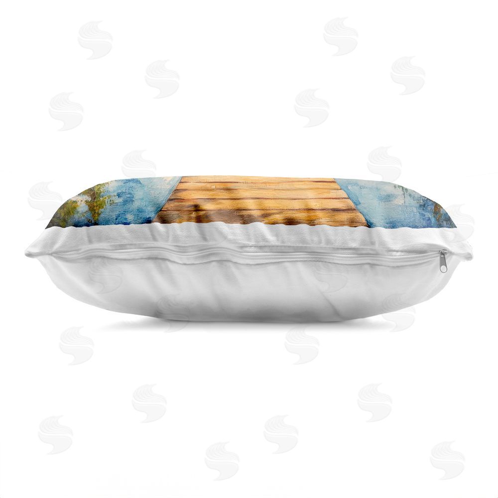 Petal Prints Design Dock In The Mountains Reflection Printed Lumbar Throw Pillow Side View with Zipper Detail
