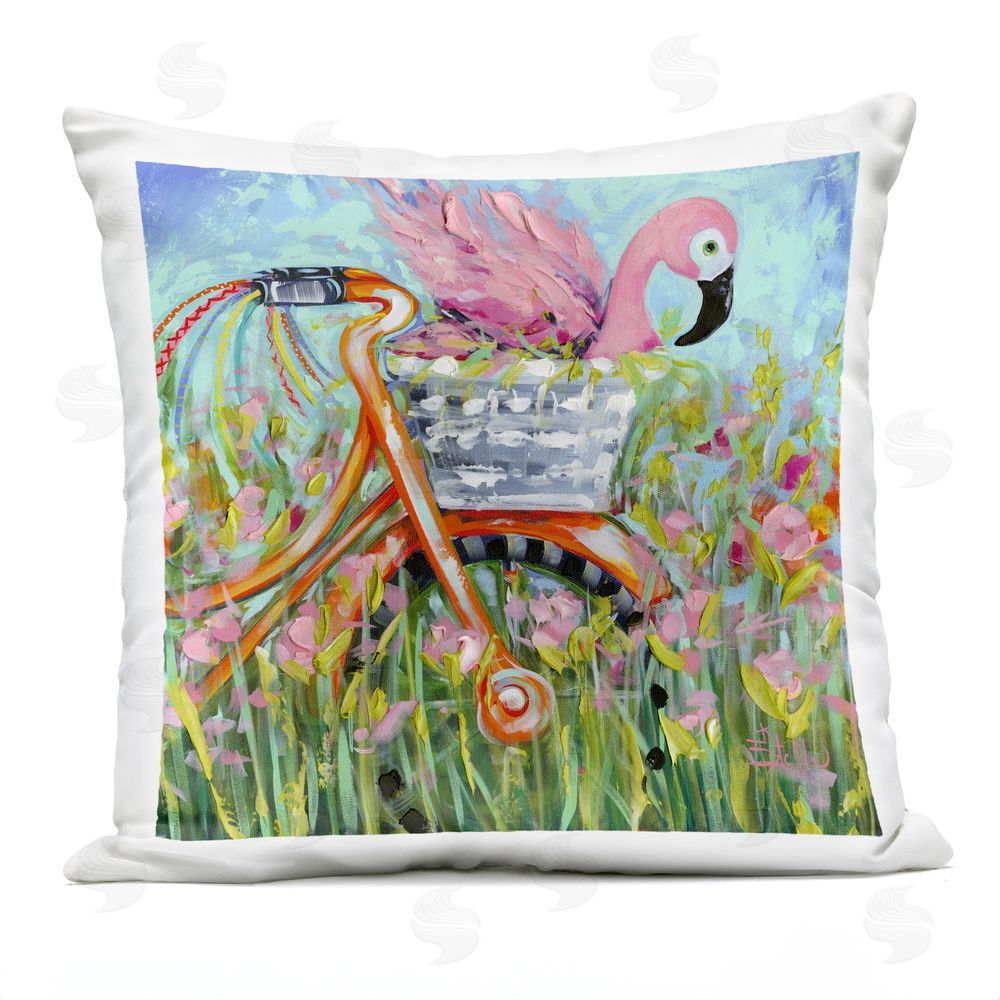 Estelle Grengs Flamingo's Free Bicycle Ride Outdoor Square Printed Throw Pillow